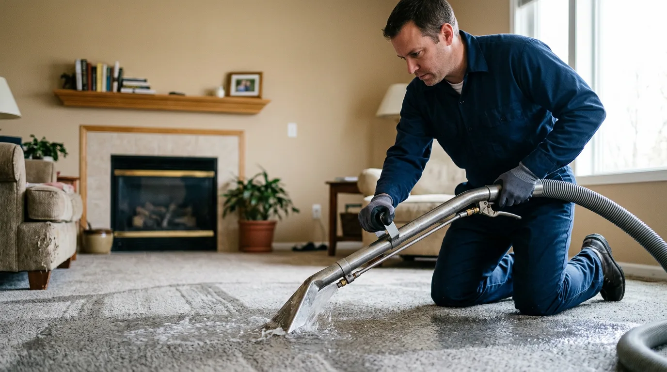 Water damage restoration technician working near Wheelwright, MA